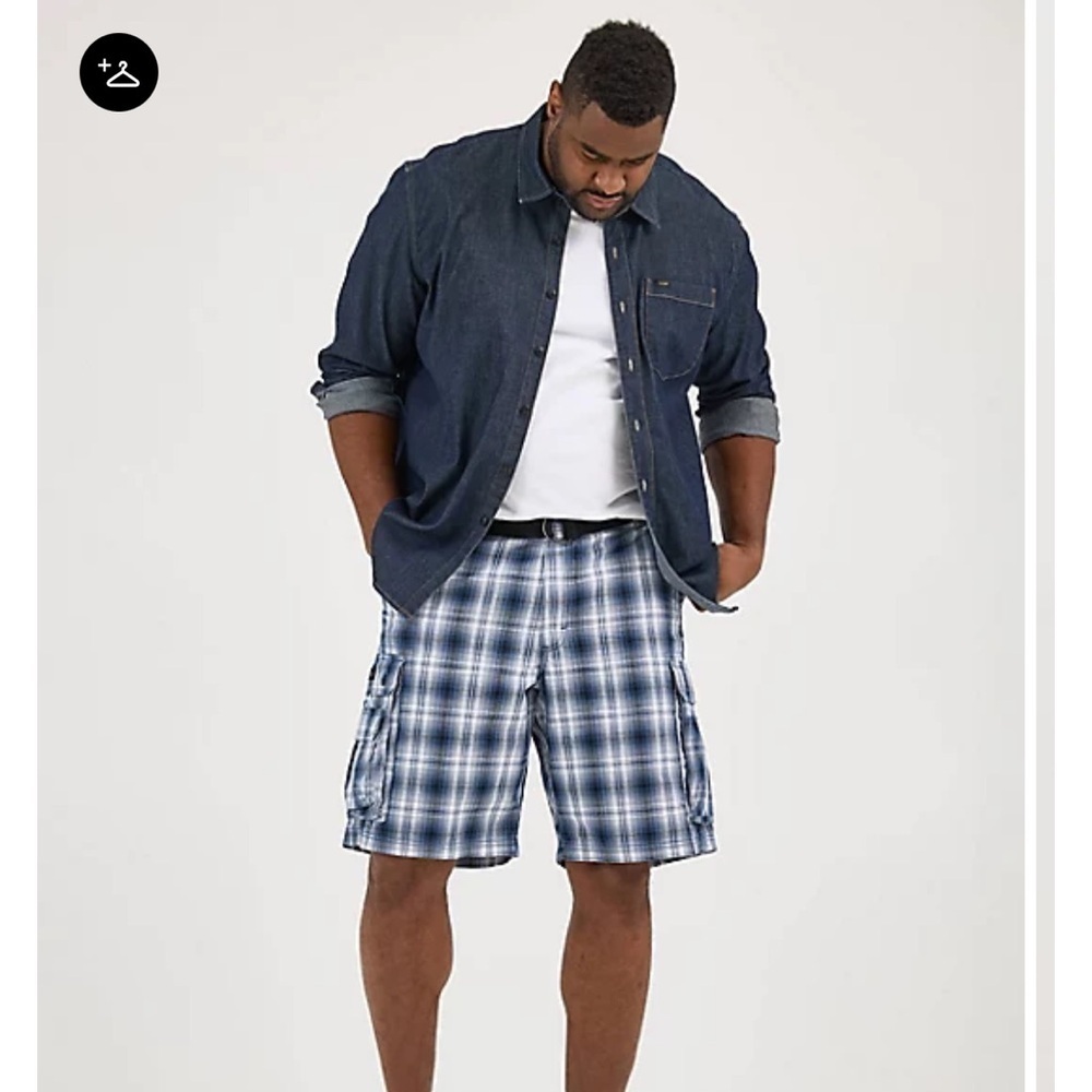 NWT-Lee-38-blue plaid-belted, loose fit, mid rise, casual, cargo shorts.